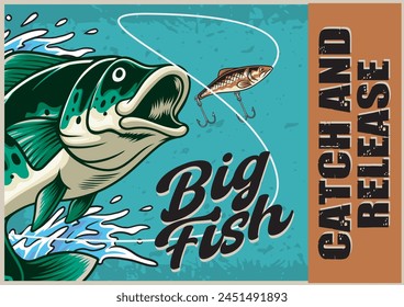 Vector Illustration of Bass Fish, Fishing Bait and Water Splash with Vintage Illustration Available for Vintage Poster Lanscape