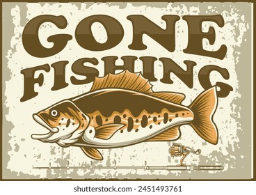 Vector Illustration of Bass Fish and Fishing Rod with Vintage Illustration Available for Vintage Poster Lanscape