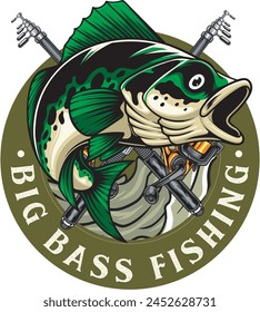 Vector Illustration of Bass Fish and Fishing Rods with Vintage Illustration Available for Tshirt Design