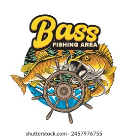 Vector Illustration of Bass Fish with Ship Steering and Water Splash with Nature view with Vintage Illustration Available for Tshirt Design