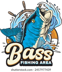 Vector Illustration of Bass Fish with Ship Steering, Float Tire and Water Splash with Vintage Illustration Available for Tshirt Design