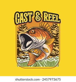 Vector Illustration of Bass Fish and Water Splash with Nature view with Vintage Illustration Available for Tshirt Design