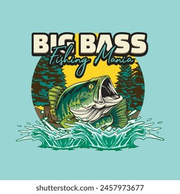 Vector Illustration of Bass Fish and Water Splash with Nature view with Vintage Illustration Available for Tshirt Design