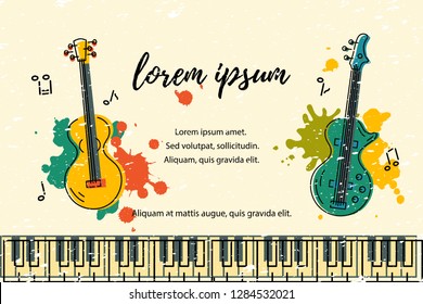 Vector illustration with bass guitar and acoustic guitar, paint solashes. Template for invitation, guitar lessons, shop, web, poster, banner.