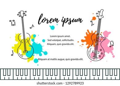 Vector illustration with bass guitar and acoustic guitar, paint solashes. Template for invitation, guitar lessons, shop, web, poster, banner.