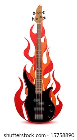 Vector illustration of bass guitar in flames isolated on white background