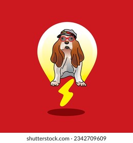 vector illustration of basset dog in a hat with wrapped lamp and electric shock, cartoon animal dog with energy theme, red background