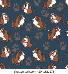 Vector illustration of a Basset Hound dog on a blue background for wallpaper cover children's interior print