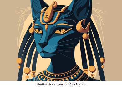 Vector illustration of Bastet, lioness goddess from ancient Egypt with flat colors