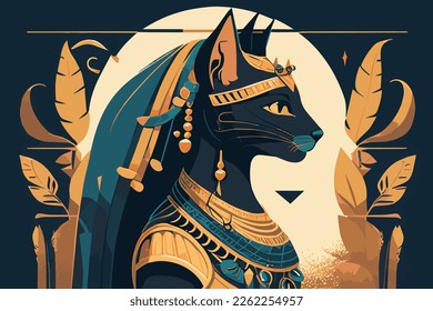 Imagen vectorial de Bastet, diosa leona del antiguo Egipto con colores planos