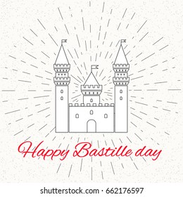 Vector illustration  for Bastille Day, castle, flag in trendy vintage style. Design template for poster, banner, flayer, greeting, invitation card. Independence day card. France national day design.