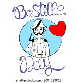 Vector illustration for Bastille Day in France. A color picture. An image of a French man with a mustache in a national uniform.