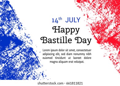 Vector illustration Bastille Day, French flag in trendy grunge style. 14  July design template for poster, banner, flayer, greeting, invitation card. Independence day card. France national day design.