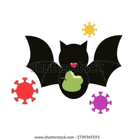 Vector illustration of a bat carrying Nipah virus eating an apple, representing zoonotic disease transmission through contaminated fruit and highlighting wildlife to human infection risk concept.