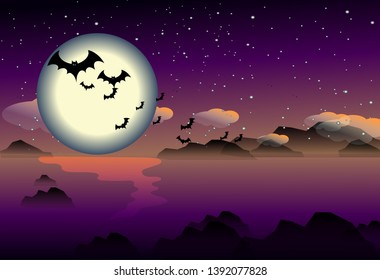 Vector illustration of a bat flying through the moon