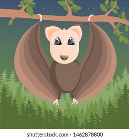Vector illustration and bat hanging brunch tree at night time  Cute cartoon illustration bat at night time  