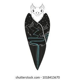 Vector illustration with bat and nature landscape inside. Mountains, pine trees, starry night sky, rivers and waterfalls