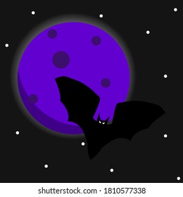 Vector illustration of a bat on a background of a dark sky with stars. Simple flat style.