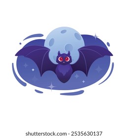 Ilustración vectorial con un murciélago sobre un fondo de estrellas.