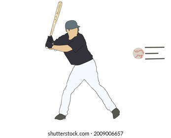 Vector illustration of a bat player trying to hit a ball rushing towards him. Sports -themed graphic display.