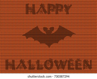 Vector illustration of  bat silhouette on orange knitted background and text happy halloween. Poster, invitation, banner, greeting card.