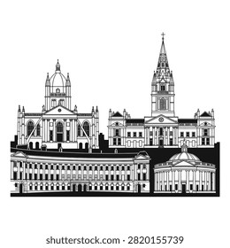 Vector illustration of the Bath England city skyline featuring historical landmarks such as the Royal Crescent, Bath Abbey, and neoclassical architecture in a black and white line art style.
