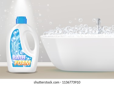 Vector illustration of bath foam bottle and bathtub with soap bubbles. Plastic bath foam bottle packaging with label realistic mock up. 3d bath foam poster, banner, flyer design template.