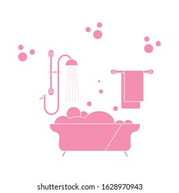 Vector illustration Bath, shower, bubbles, towel, hanger. Bath time concept. Bathtub. Bathroom set, washing, bathing, cleanliness background. Design for wrapping, fabric, print