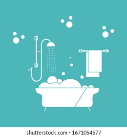 Vector illustration Bath, shower, bubbles, towel, hanger. Bath time concept. Bathtub. Bathroom set, washing, bathing, cleanliness background. Design for wrapping, fabric, print