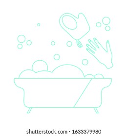 Vector illustration Bath, washcloth, hand, bubbles. Bathtub. Bathroom set, washing, bathing, cleanliness background. Bath time concept. Design for wrapping, fabric, print