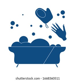 Vector illustration Bath, washcloth, hand, bubbles. Bathtub. Bathroom set, washing, bathing, cleanliness background. Bath time concept. Design for wrapping, fabric, print