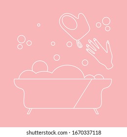 Ilustración vectorial Bath, lana, mano, burbujas. Bañera. Cuarto de baño, lavado, baño, fondo de limpieza. Concepto de tiempo de baño. Diseño para envoltura, tela e impresión