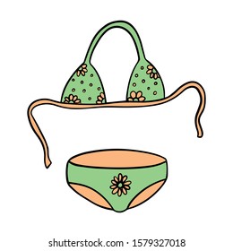 Vector illustration of a bathing suit with flowers One object isolated on a white background. Hand drawn swimsuit, beachwear. Set of bra and panties.Color images for design.Doodle Style