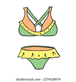 Vector illustration of a bathing suit with ruffles. Single object isolated on white background. Hand drawn swimsuit, beachwear. Set of bra and panties.Color images for design.Doodle Style
