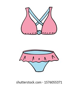 Vector illustration of a bathing suit with ruffles. Single object isolated on white background. Hand drawn swimsuit, beachwear. Set of bra and panties.Color images for design.Doodle Style
