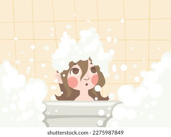 Vector illustration of a bathroom with a bubbly and surprised little girl. Cute picture in warm shades. 
