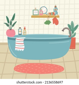 Vector illustration of a bathroom with care and makeup products.