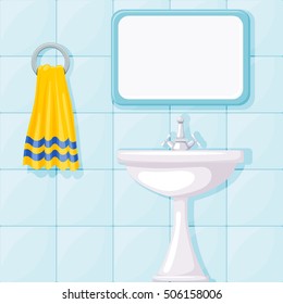 Vector illustration of bathroom ceramic wash basin, tiled walls, mirror and yellow towel. 
Cartoon style. Furnishings bathroom