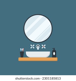 Vector illustration of bathroom icon, mirror, sink, personal care, toilet, water faucet, toothbrushes.