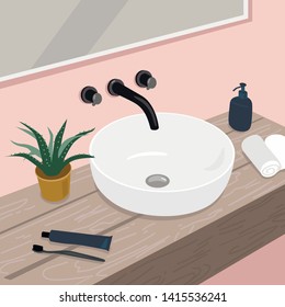 Vector Illustration bathroom interior. Mirror, sink, mixer tap, flower, toothpaste, toothbrush, towel, accessory.