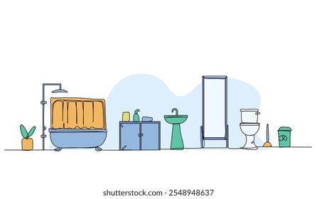 Ilustración vectorial del interior del cuarto de baño. Piso moderno en estilo línea continua.