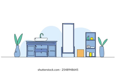Ilustração vetorial do interior do banheiro. Plano moderno em estilo de linha contínua.