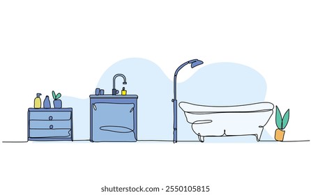 Vector illustration of bathroom interior. Modern flat in continuous line style.