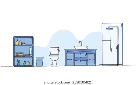 Ilustración vectorial del interior del cuarto de baño. Piso moderno en estilo línea continua.