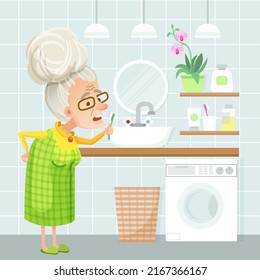 Vector illustration of a bathroom interior in pleasant light blue colors. Old lady brushing her teeth in bathroom. Sink, mirror, flower, cosmetics, towel, laundry basket, washing machine.