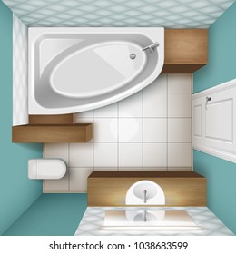 Vector illustration of bathroom interior in turquoise color. White angular oval bath on tiled floor with toilet, sink and mirror, top view