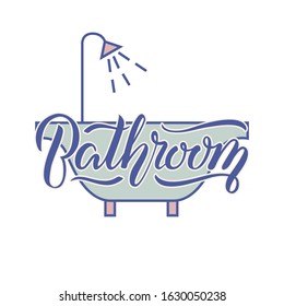 Vector illustration of bathroom lettering for banner, leaflet, poster, logo, advertisement, price list, web design. Handwritten text for template, signage, billboard, print, flyer of furniture shop
