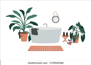 Vector illustration of bathroom in minimalism style. Interior of modern bathroom with plants