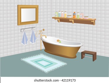Vector illustration of bathroom with mirror, shelf with cosmetics