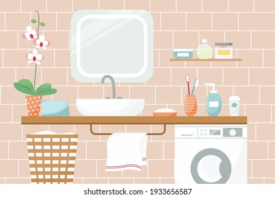 Vector illustration of a bathroom in pleasant colors. Sink, mirror flower cosmetics towel washing machine.